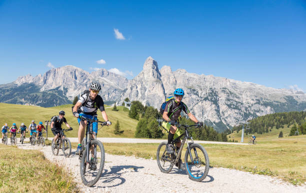 istock Scenic uphill biking on pastures in the Dolomites, Italy 697027548