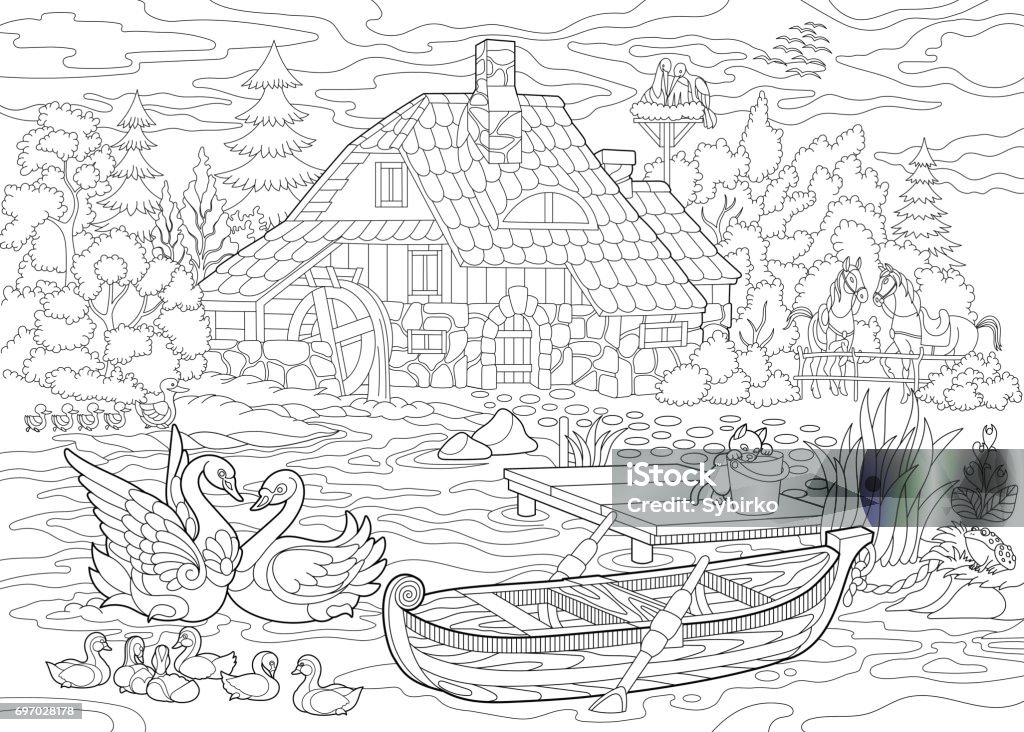 Stylized rural landscape Rural landscape with farm house, ducks, kitten, swans, horses, frog, storks, flock of birds. Freehand sketch for adult coloring book page. Coloring Book Page - Illlustration Technique stock vector