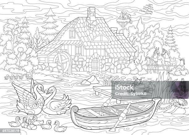 Stylized Rural Landscape Stock Illustration - Download Image Now - Coloring Book Page - Illlustration Technique, Adult, Coloring