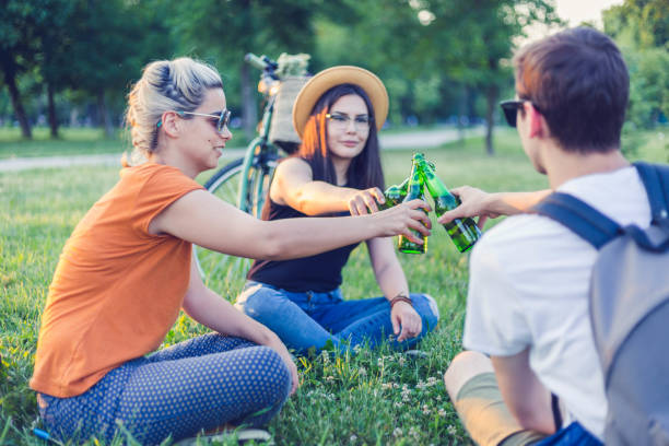 istock Hipsters drinking beer in park at sunset 697030520