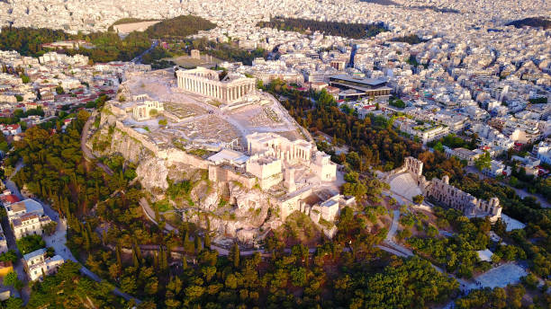 Aerial drone photo of iconic Acropolis hill and the Parthenon, Athens historic center, Greece stock photo