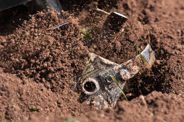 mill of ploughing tiller in the soil in the garden