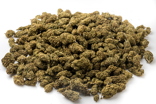 One Pound of Organic Cannabis from above on white background