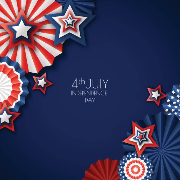 4th of July, USA Independence Day. Vector paper stars in USA flag colors. Blue background with place for text. 4th of July, USA Independence Day. Vector paper stars in USA flag colors. Blue background with place for text. Material design concept for greeting card, banner layout, flyer, poster. circa 4th century stock illustrations