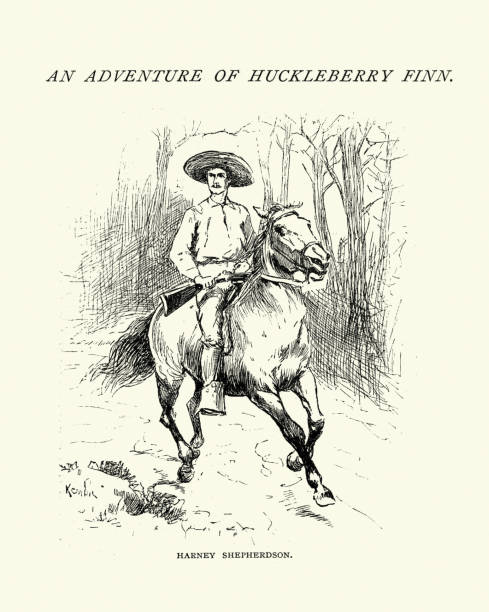 illustrazioni stock, clip art, cartoni animati e icone di tendenza di avventura di huckleberry finn, harney shepherdson - huckleberry finn