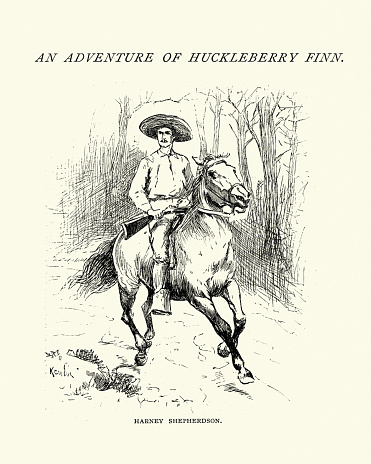 Vintage engraving of a scene from Adventure of Huckleberry Finn, Harney Shepherdson