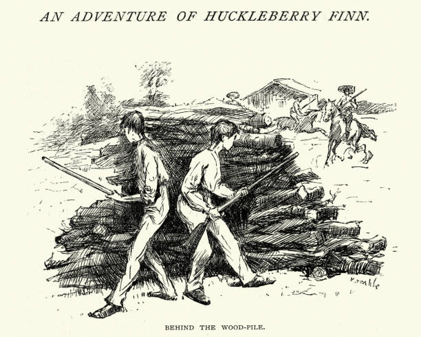 illustrazioni stock, clip art, cartoni animati e icone di tendenza di avventura di huckleberry finn, dietro la pila di legno - huckleberry finn