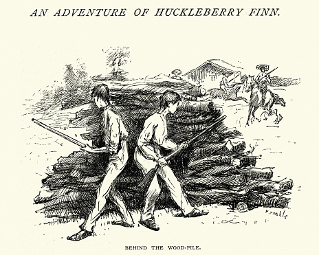 Vintage engraving of a scene from Adventure of Huckleberry Finn, Behind the wood-pile