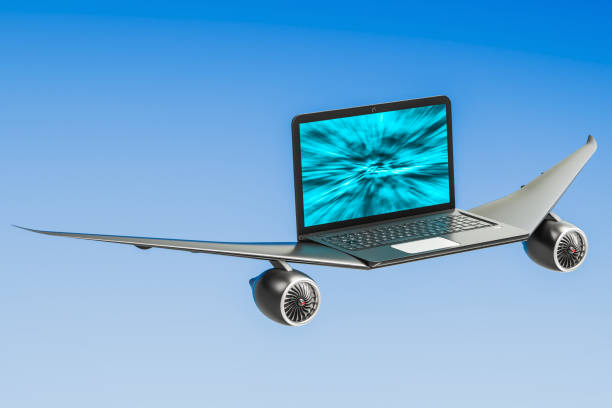 Laptop with airplane wings, turbo boost concept. 3D rendering Laptop with airplane wings, turbo boost concept. 3D rendering hard and fast stock pictures, royalty-free photos & images