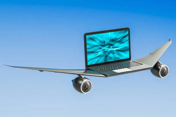 Photo of Laptop with airplane wings, turbo boost concept. 3D rendering