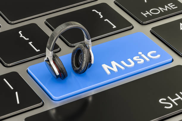 istock Music button, blue key on keyboard with headphones. 3D rendering 697068022