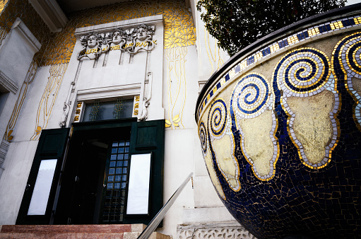 The entrance of the Secession building museum in Vienna (Austria), on may 17, 2017. The museum is an important example of austrian art nouveau (jugendstil) in Karlsplatz