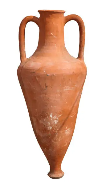 Used ancient Greek or Roman ceramic amphora of bright brown color isolated against white background.