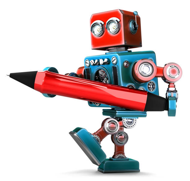 istock Vintage Robot writing with red pen. Isolated. Contains clipping path 697096402