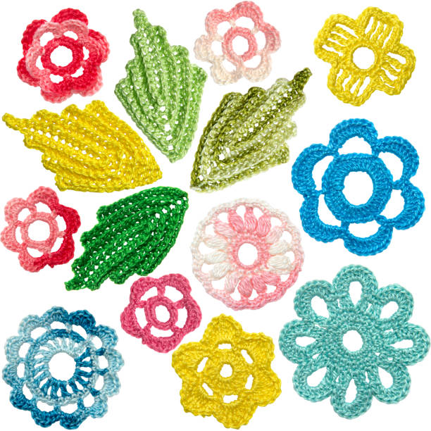 Set of crocheted flowers and leaves in the style of Irish lace Set of crocheted flowers and leaves in the style of Irish lace Crochet stock pictures, royalty-free photos & images