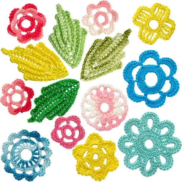 Set of crocheted flowers and leaves in the style of Irish lace