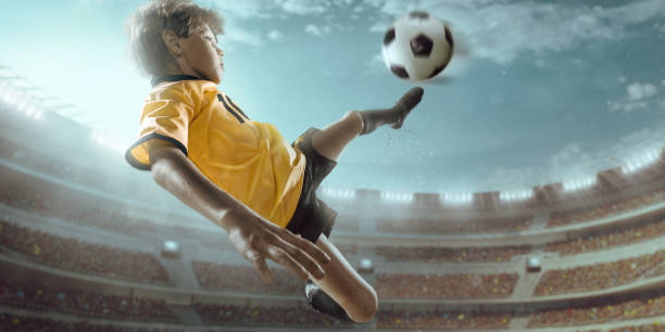 istock Soccer kids player in action in 3D dramatic stadium 697123048