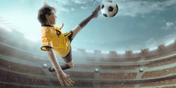 istock Soccer kids player in action in 3D dramatic stadium 697123052