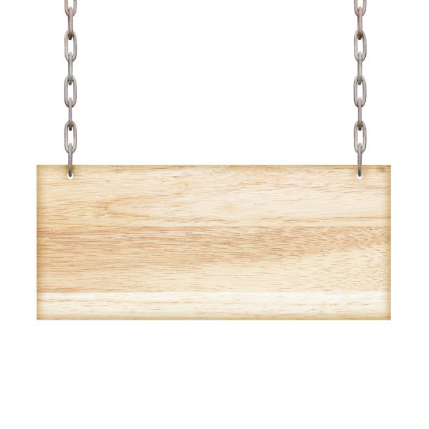 istock Wooden sign hanging on a chain isolated on white  background 697126764