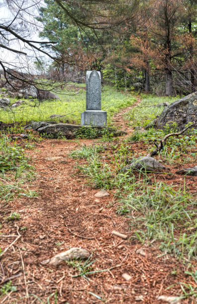 Trail in forest leading to Little Round Top in Gettysburg battlefield national park with grave stones during summer Trail in forest leading to Little Round Top in Gettysburg battlefield national park with grave stones during summer gettysburg national cemetery stock pictures, royalty-free photos & images