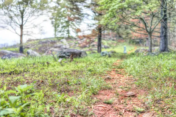 Photo of Trail in forest leading to Little Round Top in Gettysburg battlefield national park with grave stones during summer