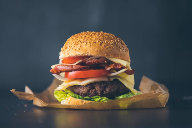 Fresh tasty burger Fast Food Restaurant, Cooking, Restaurant, Sandwich, Burger bacon cheeseburger stock pictures, royalty-free photos & images