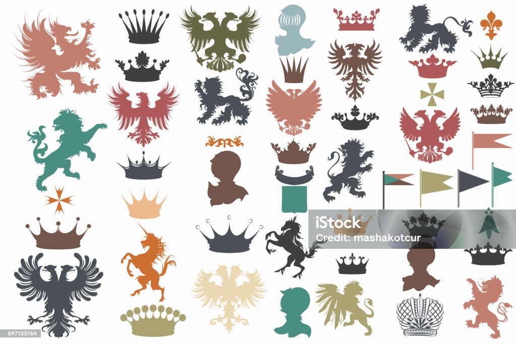 Vector set of vintage heraldic elements for design Collection of vector heraldic shapes lions, eagles, unicorns, griffins, crowns, fleur de lis perfect for heraldic projects Coat Of Arms stock vector
