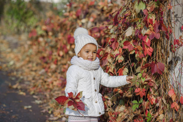 istock Child in autumn orange leaves. 697134712