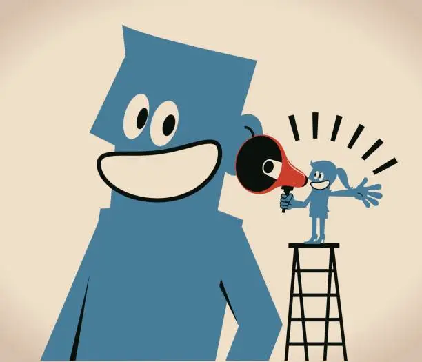 Vector illustration of Communications between man and women, Businesswoman on ladder with megaphone (bullhorn) smiling talking to a man