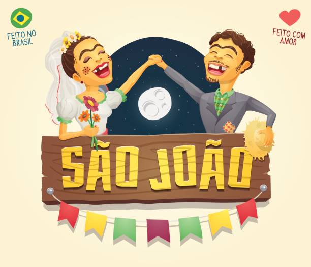 bildbanksillustrationer, clip art samt tecknat material och ikoner med sao joao (saint john) brasilianska june party hick par med träskylt header - fästfolk