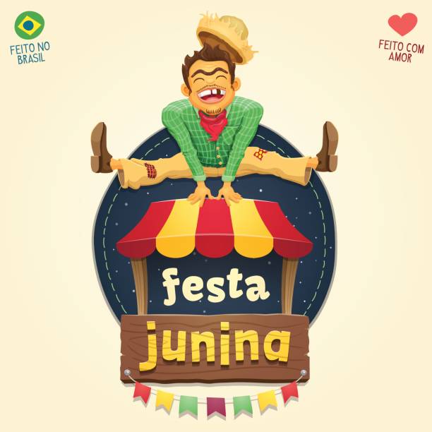 glücklich hinterwäldler springen über zelt - brasilianische june party - hinterwäldler stock-grafiken, -clipart, -cartoons und -symbole