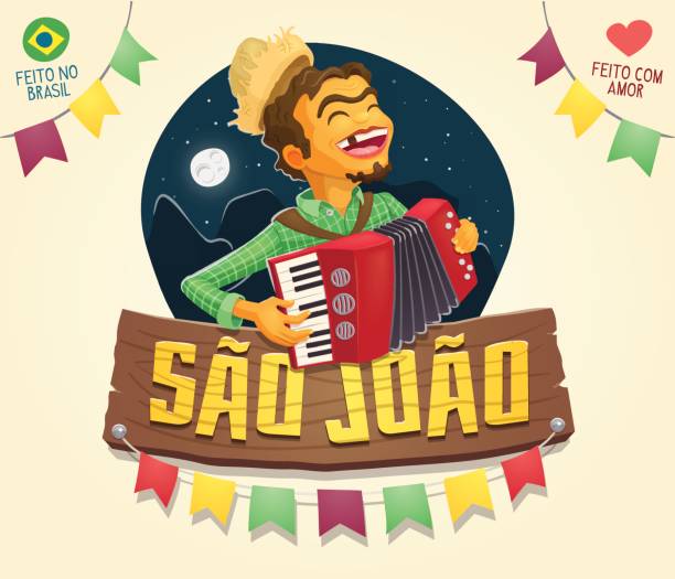 Sao Joao (Saint John) sign with happy hillbilly playing the accordion - Brazilian June Party Multiple layers - Creative high quality vector cartoon for june party themes - Made in Brazil - Made with love hillbilly hats stock illustrations