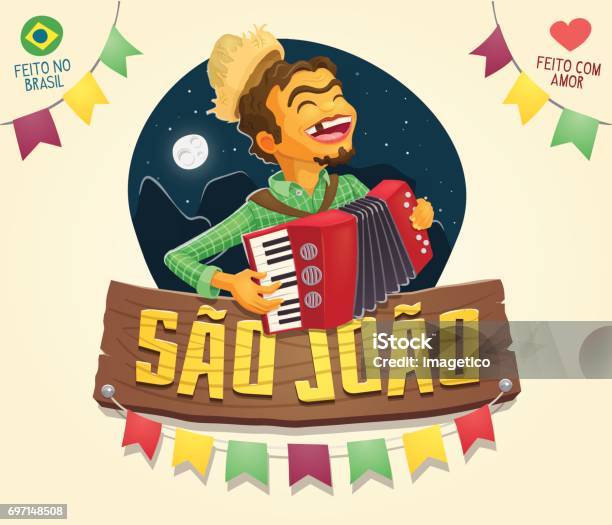 Sao Joao Sign With Happy Hillbilly Playing The Accordion Brazilian June Party Stock Illustration - Download Image Now