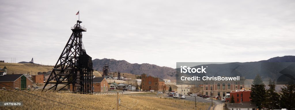 Butte Montana Downtown City Skyline Mine Shaft Courthouse Structures and hills that make up part of Butte, Montana Mining - Natural Resources Stock Photo