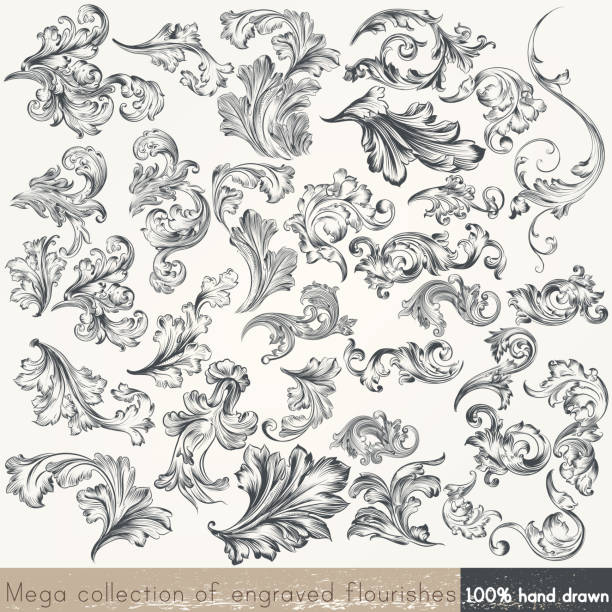Vector set of swirl elements for design. Calligraphic vector Collection of vector hand drawn flourishes in engraved style. Mega set filigree illustrations stock illustrations
