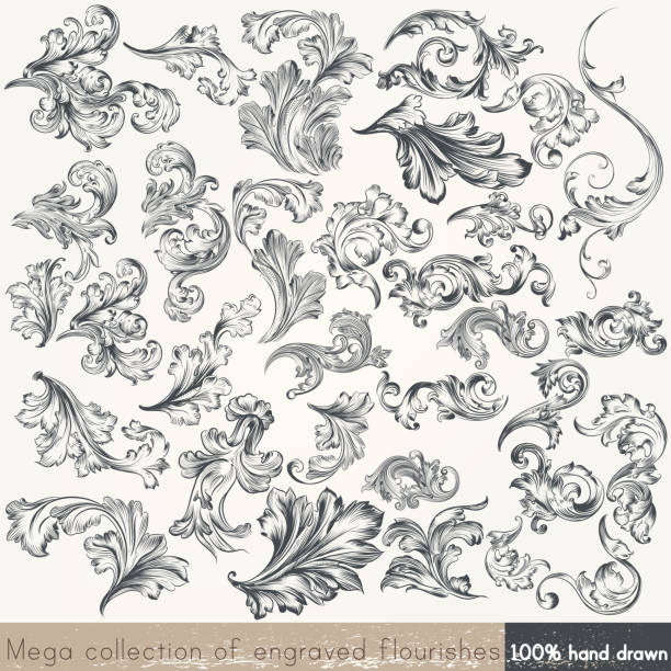 Vector set of swirl elements for design. Calligraphic vector Collection of vector hand drawn flourishes in engraved style. Mega set filigree stock illustrations