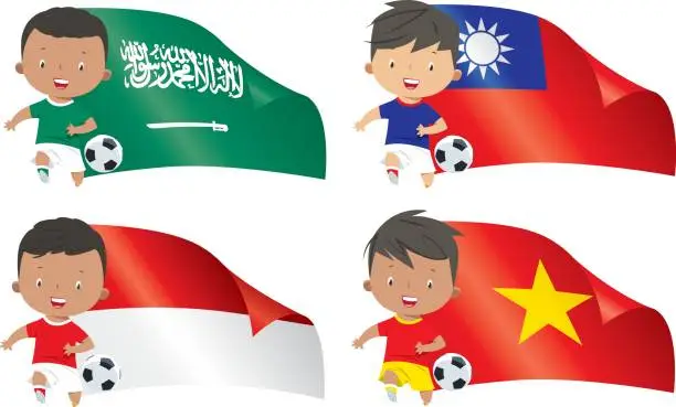 Vector illustration of World flags and children soccer