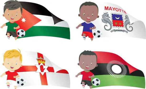 Vector illustration of World flags and children soccer