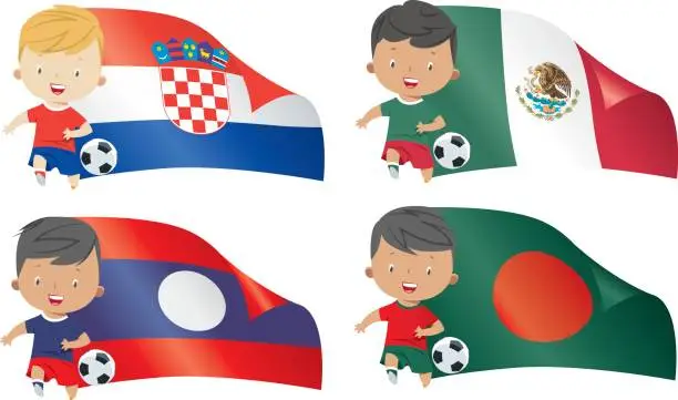 Vector illustration of World flags and children soccer