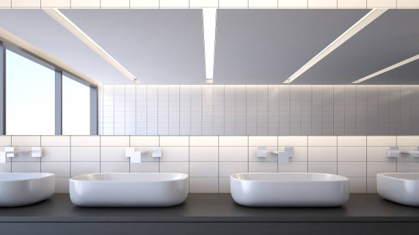 Modern bathroom with basins , 3d rendering Front view of two sinks on counter bathroom designer shower house stock pictures, royalty-free photos & images