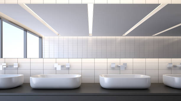 nowoczesna łazienka z umywalkami, renderowanie 3d - public restroom zdjęcia i obrazy z banku zdjęć