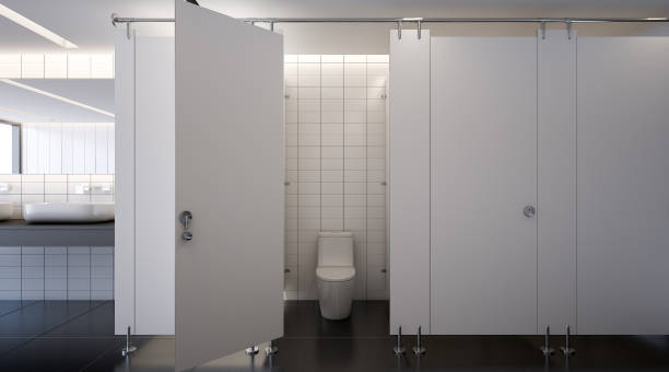öffentliche toilette, 3d-rendering - toilette stock-fotos und bilder