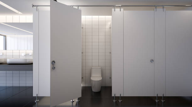 baño público, render 3d - puertas baños fotografías e imágenes de stock