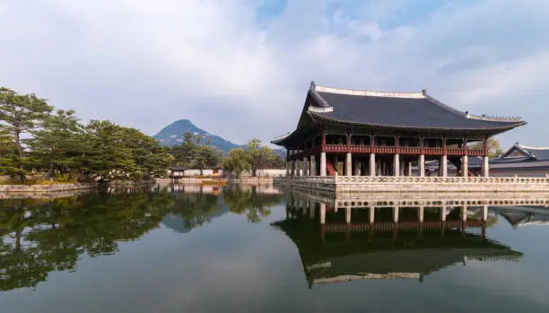 Gyeonghoeru Pavilion or Royal Banquet Hall, the famous place in Gyeongbokgung Palace which is the popular for tourist attraction in Seoul, South Korea