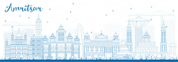 ilustrações, clipart, desenhos animados e ícones de skyline de amritsar de contorno com edifícios de azul. - amristar