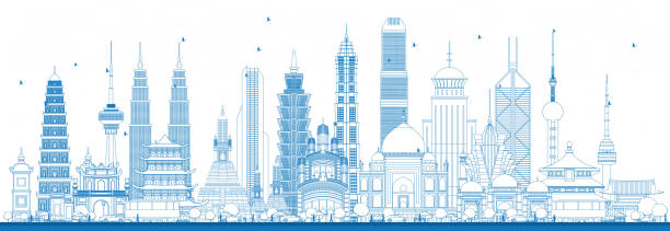 Outline Famous Landmarks in Asia. Outline Famous Landmarks in Asia. Vector Illustration. Business Travel and Tourism Concept. Image for Presentation, Banner, Placard and Web Site taj mahal vector stock illustrations