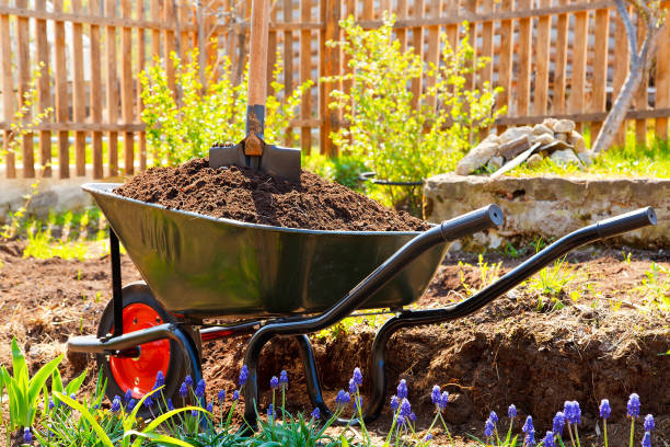 wheelbarrow - garden soil imagens e fotografias de stock