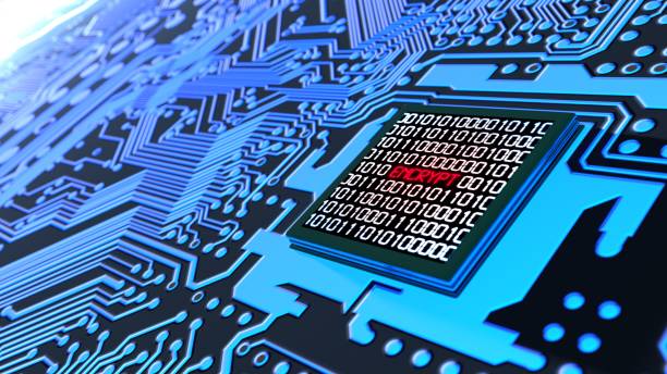 Encrypted data cybersecurity concept circuit board in blue stock photo