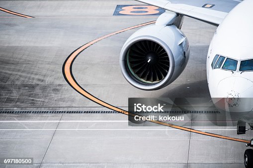 istock Close up of aircraft feathers and turbines. 697180500