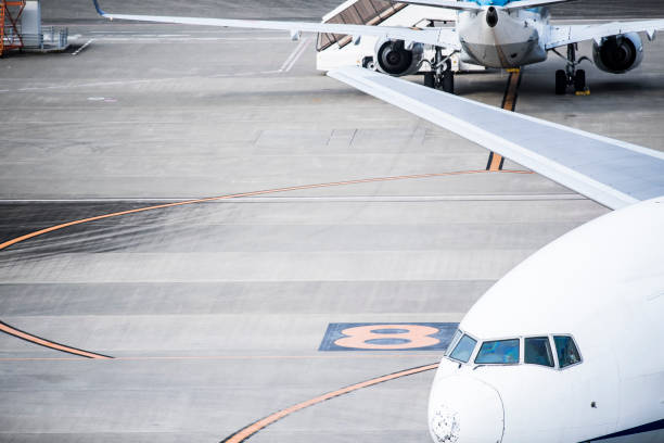 Close-up of an airplane preparing to take off.